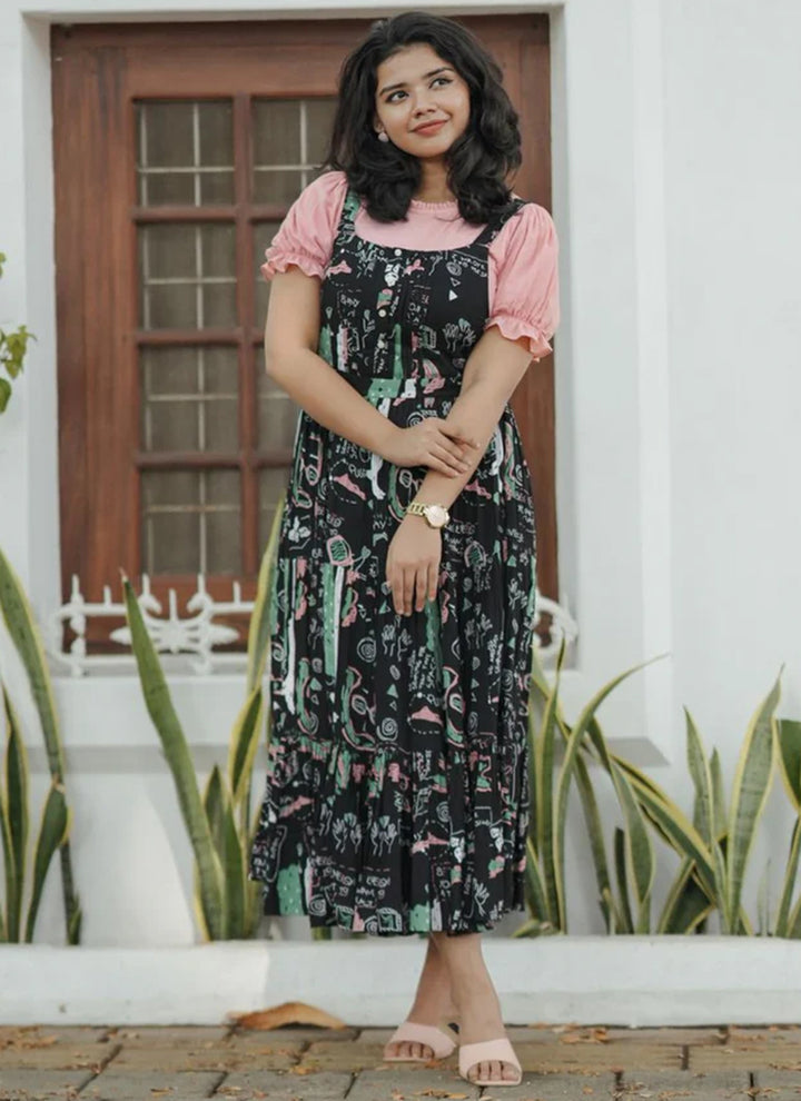 Black And Peach Rayon Printed Dungaree Dress