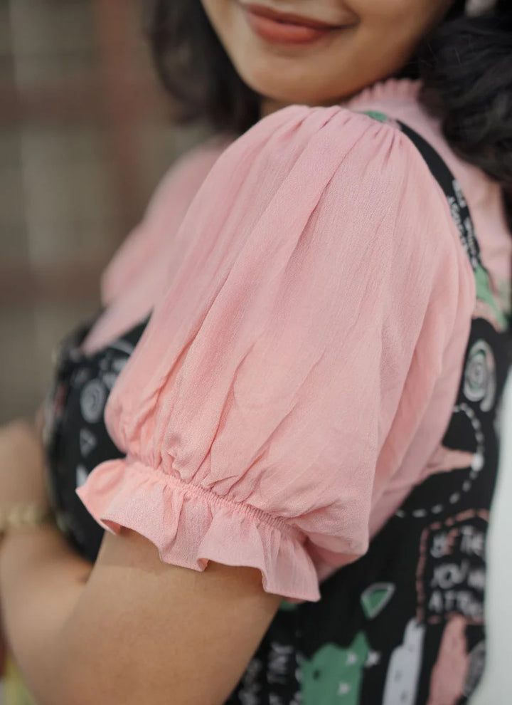 Black And Peach Rayon Printed Dungaree Dress