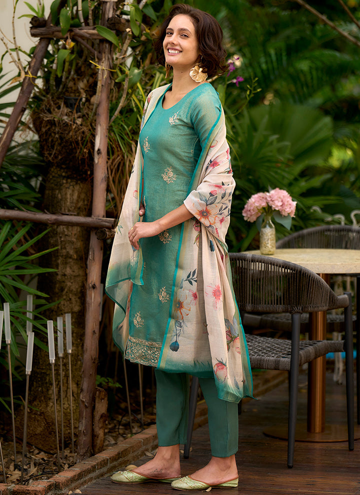 Sea Green Tissue Kurta With Trouser And Dupatta