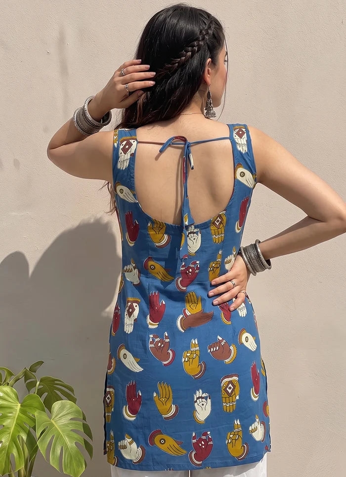 Blue Cotton Printed Straight-Cut Kurti