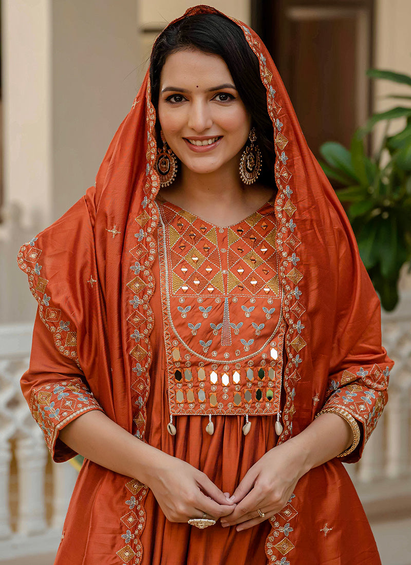 Orange Viscose Roman Silk Layered Kurta Set