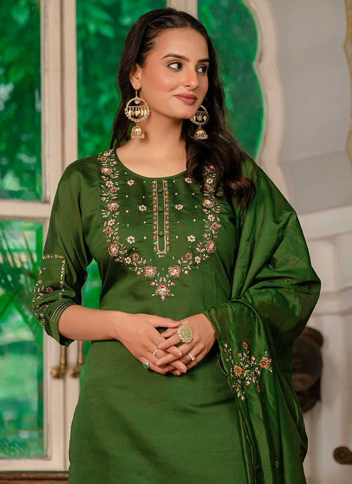 Marina Silk Green Thread Work Festive Kurta Set