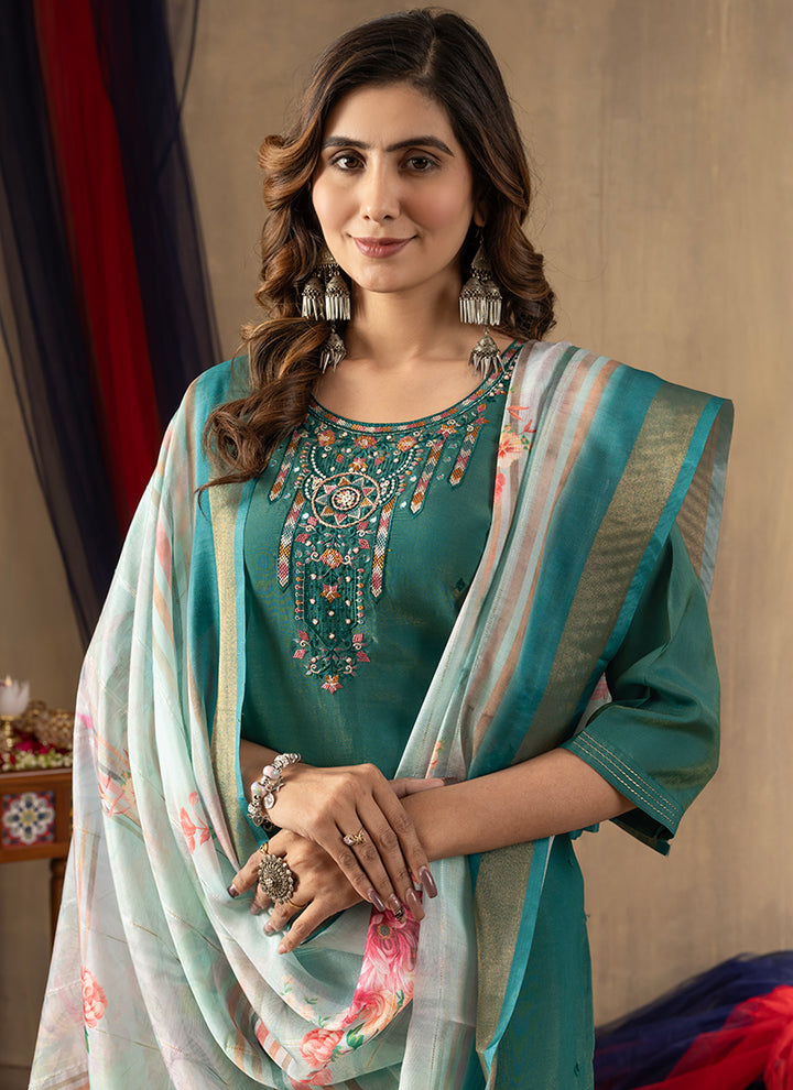 Rama Green Shimmer Silk Embroidered Kurta Set