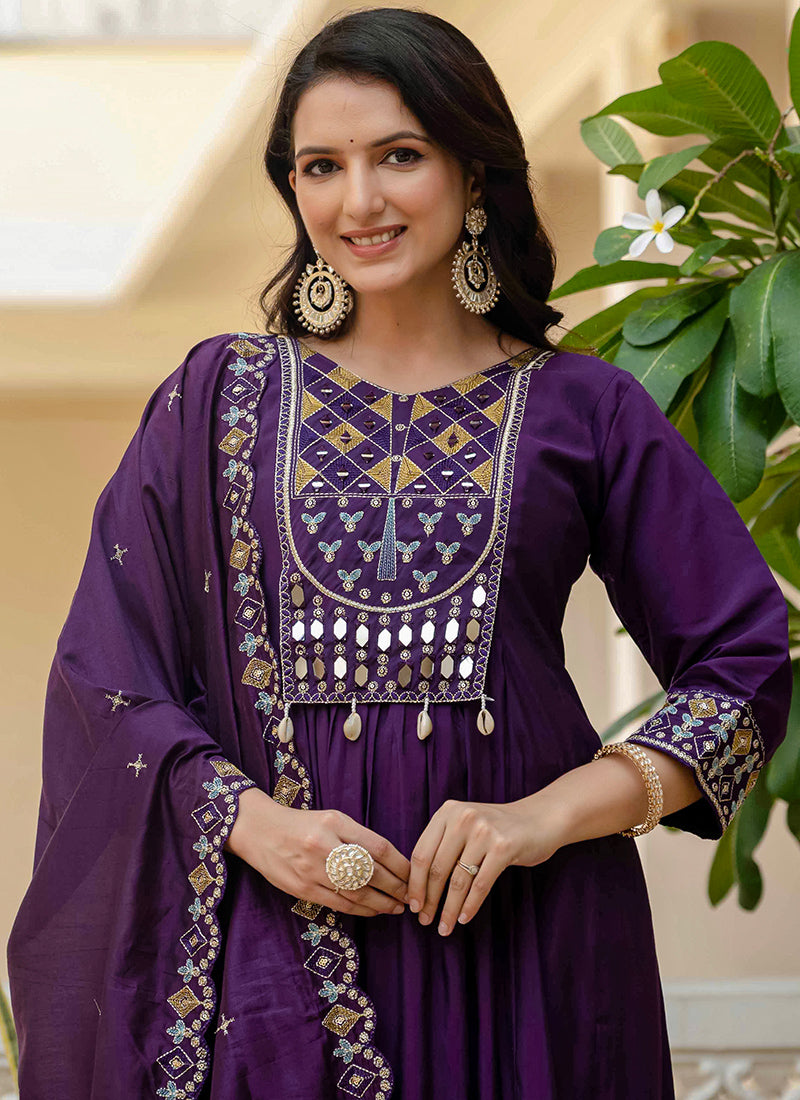 Purple Viscose Roman Silk Layered Kurta Set