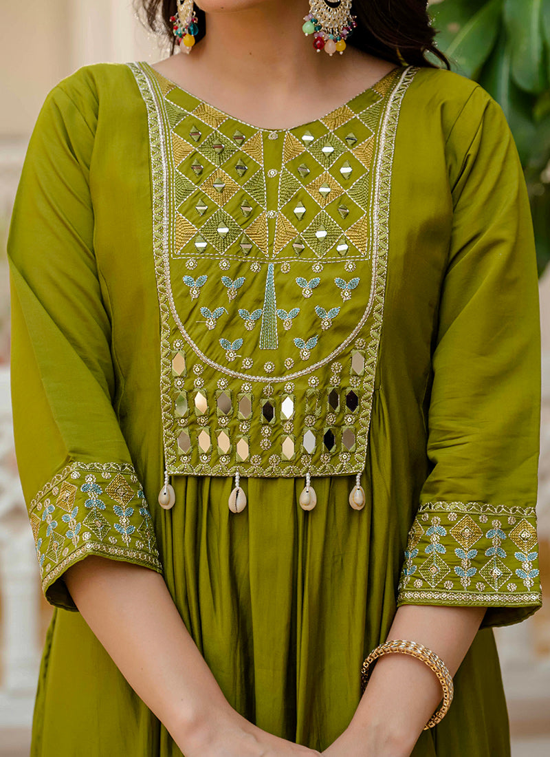 Mehndi Green Viscose Roman Silk Layered Kurta Set