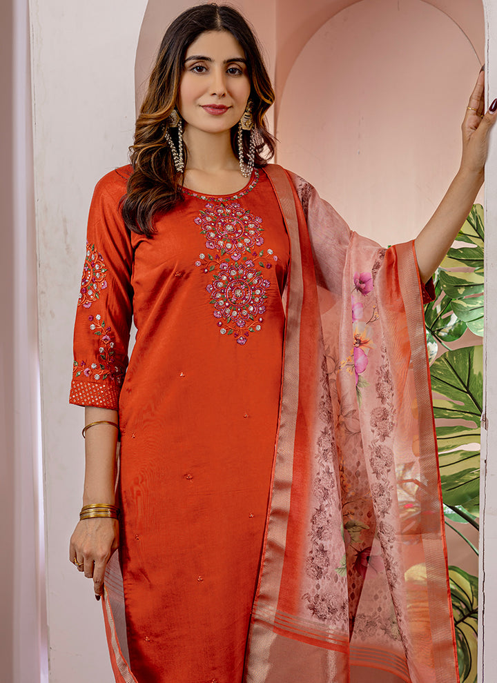 Rust Viscose Silk Thread Work Salwar Set For Ceremonial