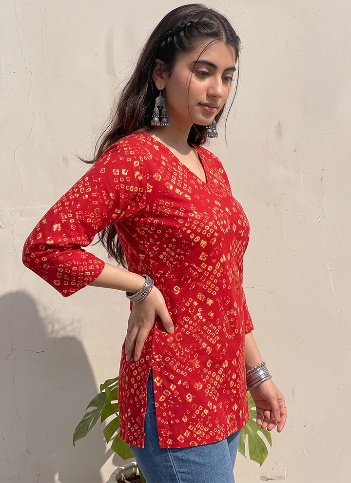 Red Cotton Bandhej Printed Outwear Kurti