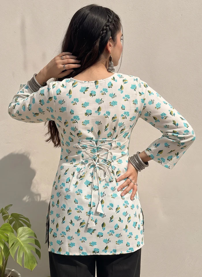 Off White Cotton Printed Office Wear Kurti