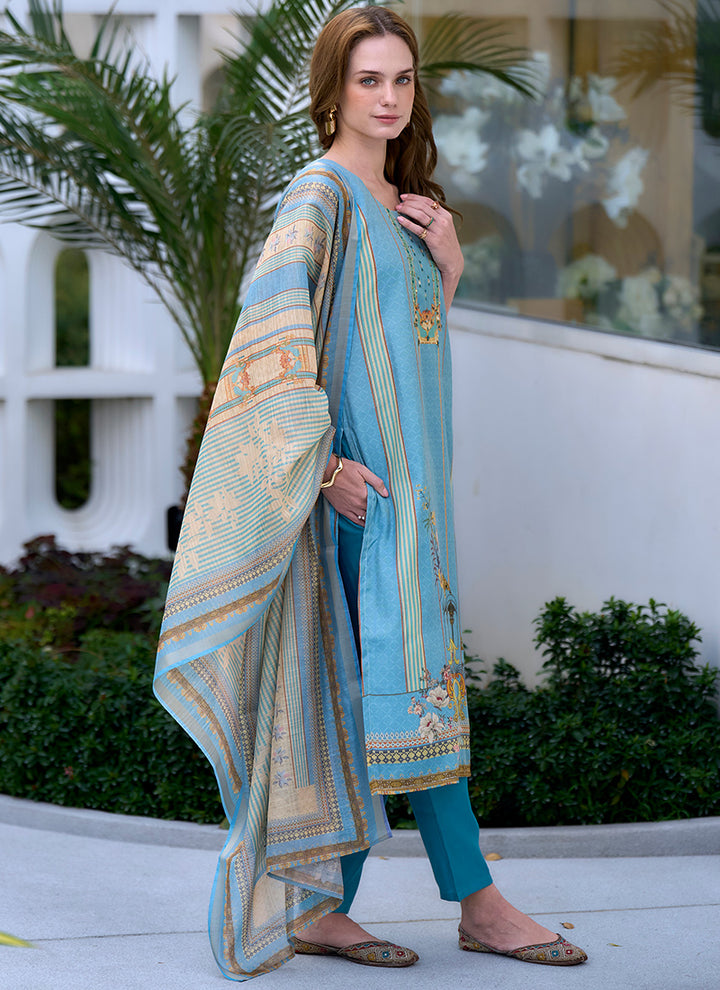 Sky Blue Silk Blend Printed Kurta Set For Festive