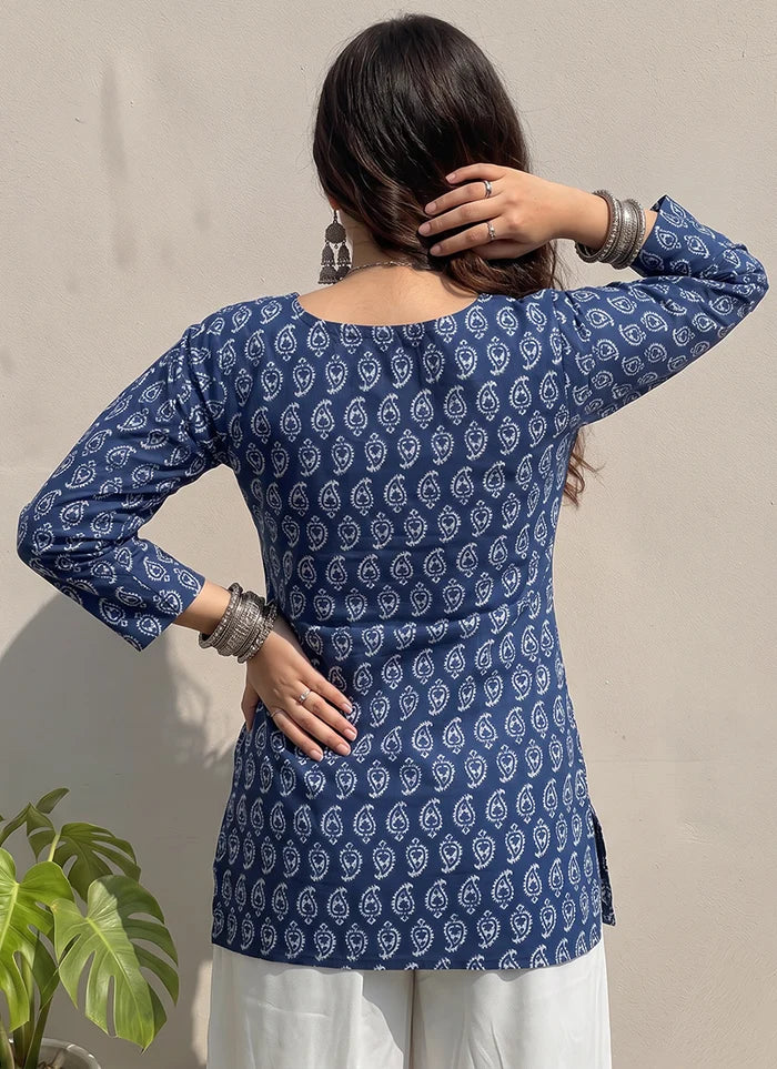 Blue Cotton Printed V Neck Outwear Kurti