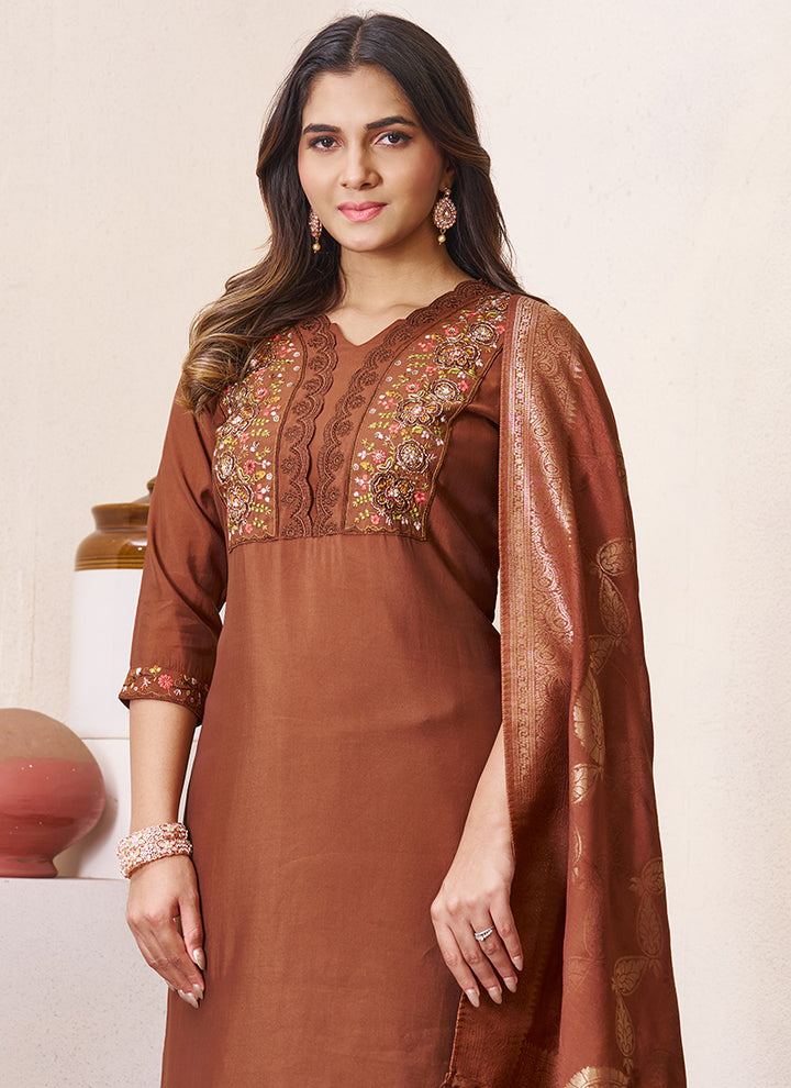 Brown Roman Silk Embroidered Ceremonial Kurta Set
