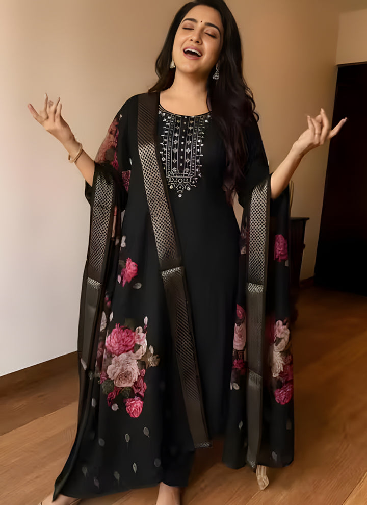Black Cotton Embroidered Ceremonial Kurta Set