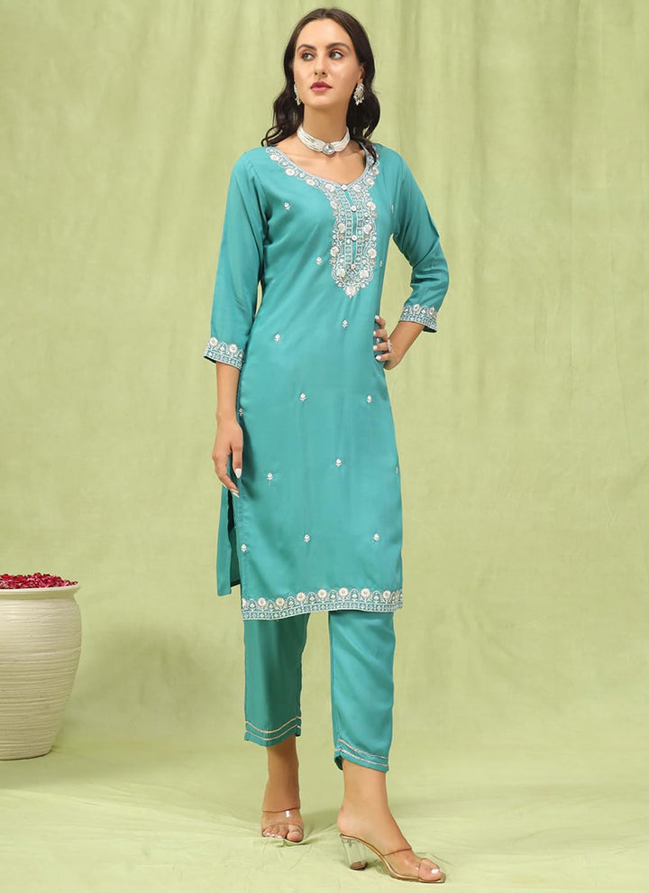 Rama Chanderi Cotton Embroidered Festive Kurta Set