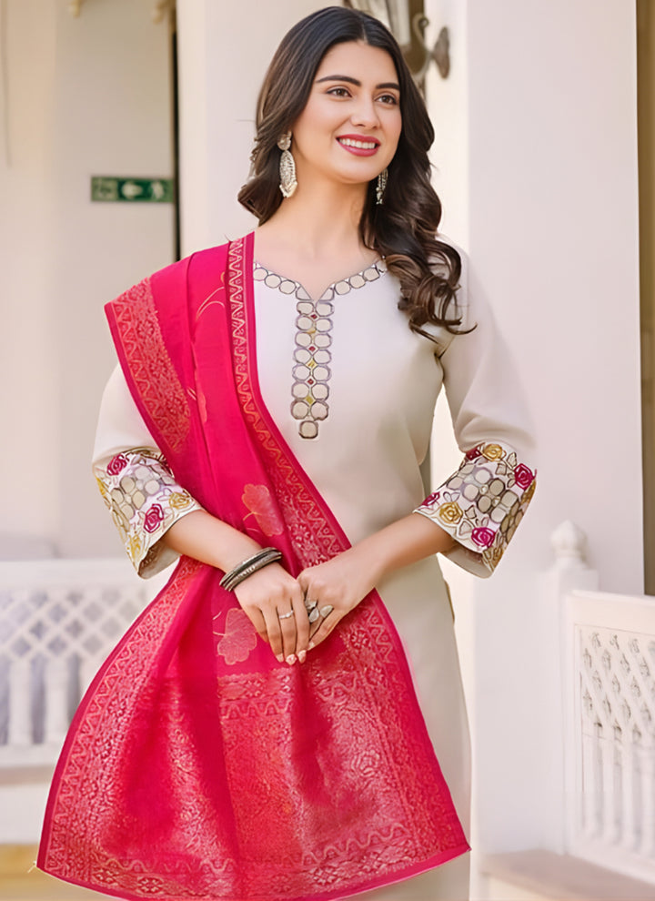 White Rayon Slub Embroidered Festive Kurta Set