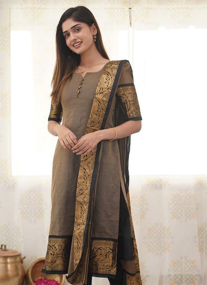 Brown Kanchi Cotton Woven Kurta And Dupatta For Casual Wear