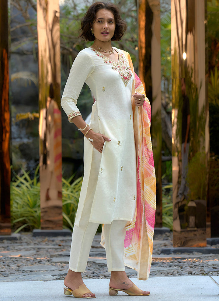 White Vatican Kurta With Trouser And Dupatta