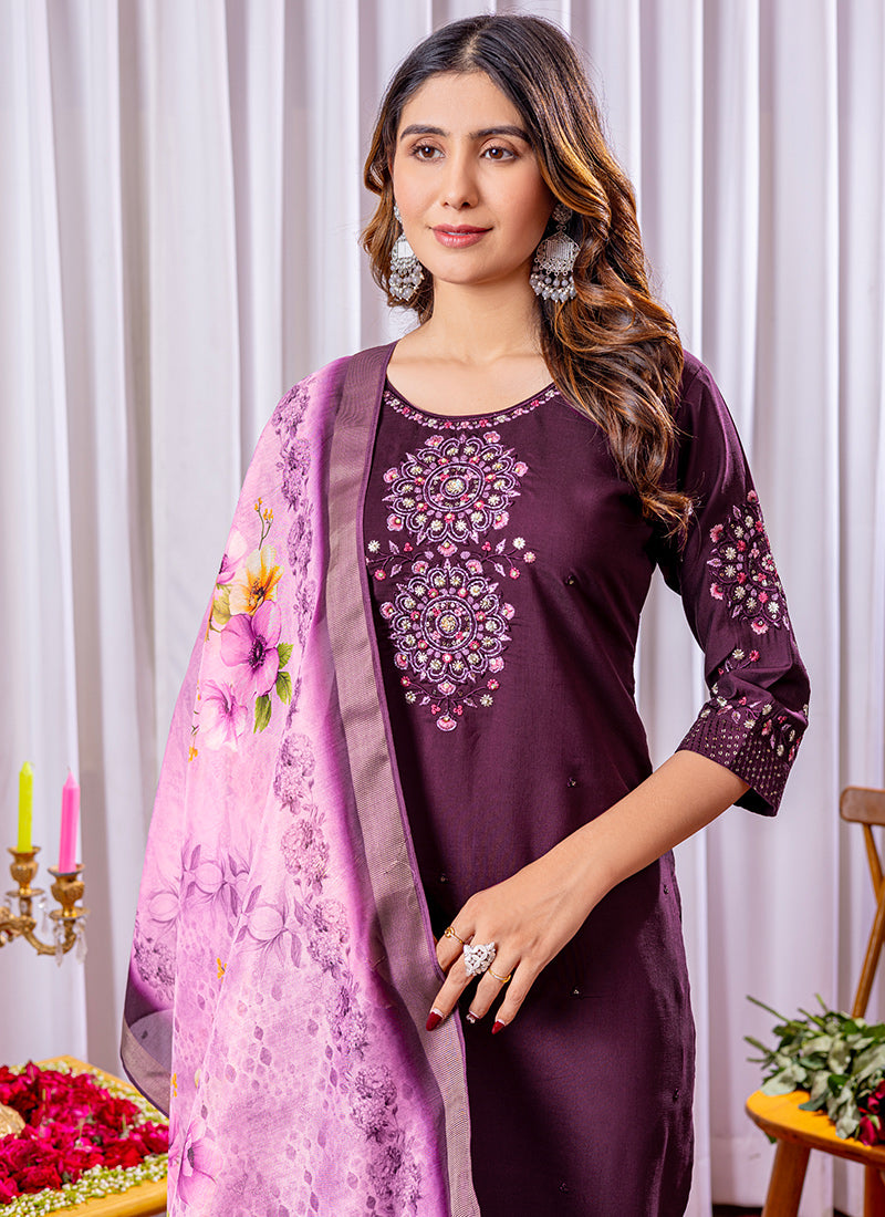 Wine Viscose Silk Embroidered Salwar Set For Festive