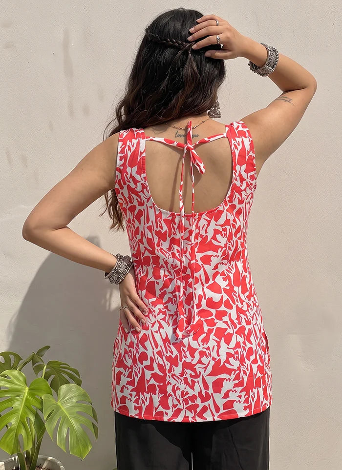 Red And White Cotton Printed Sleeveless Kurti