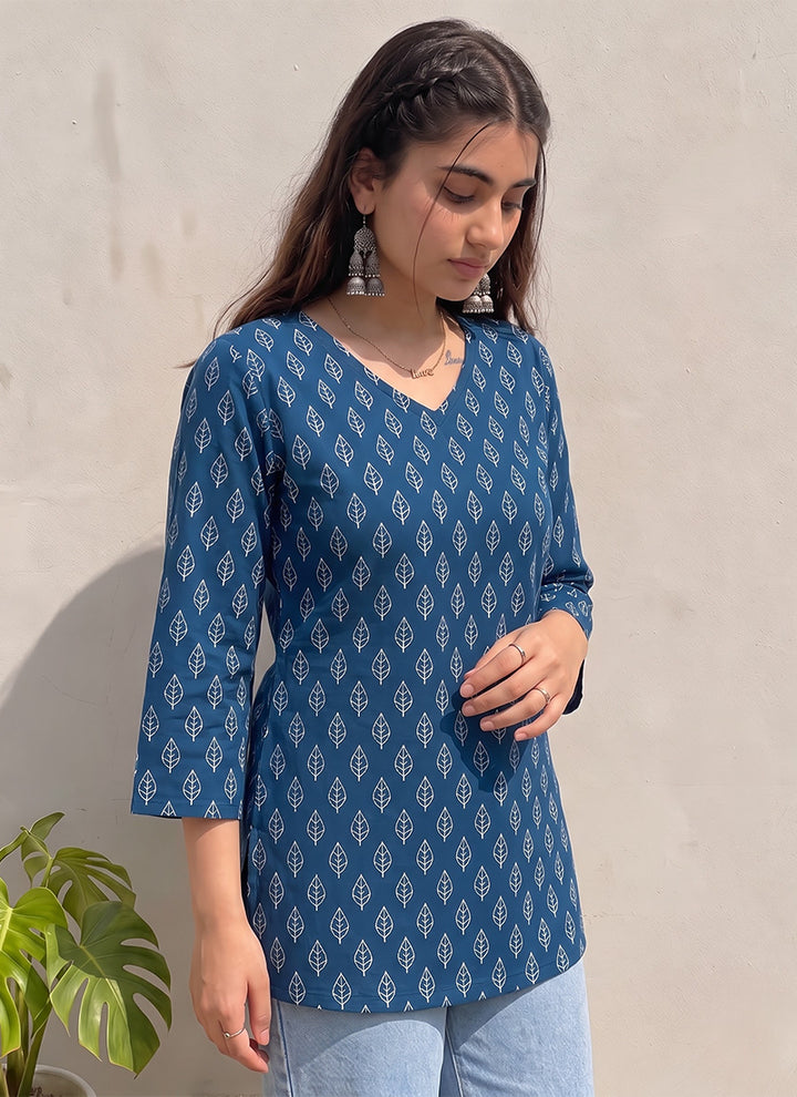 Teal Blue Cotton Floral Printed Outwear Kurti