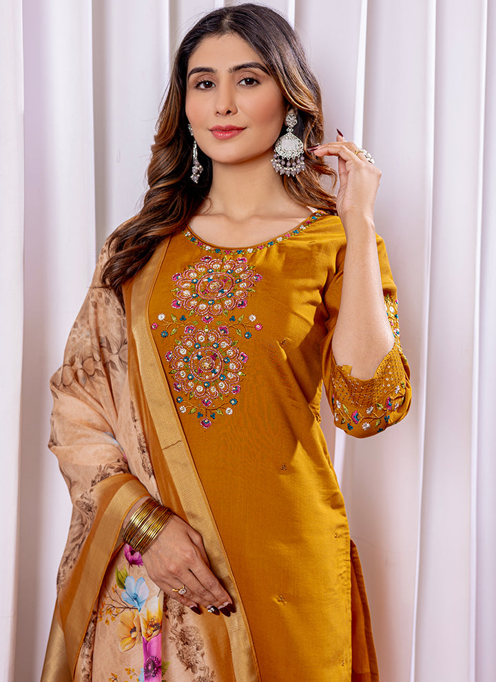 Mustard Thread Work Viscose Silk Kurta Set