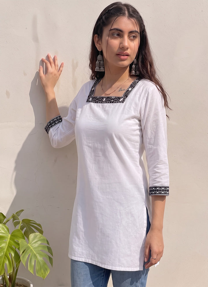 White Cotton Printed OutWear Kurti