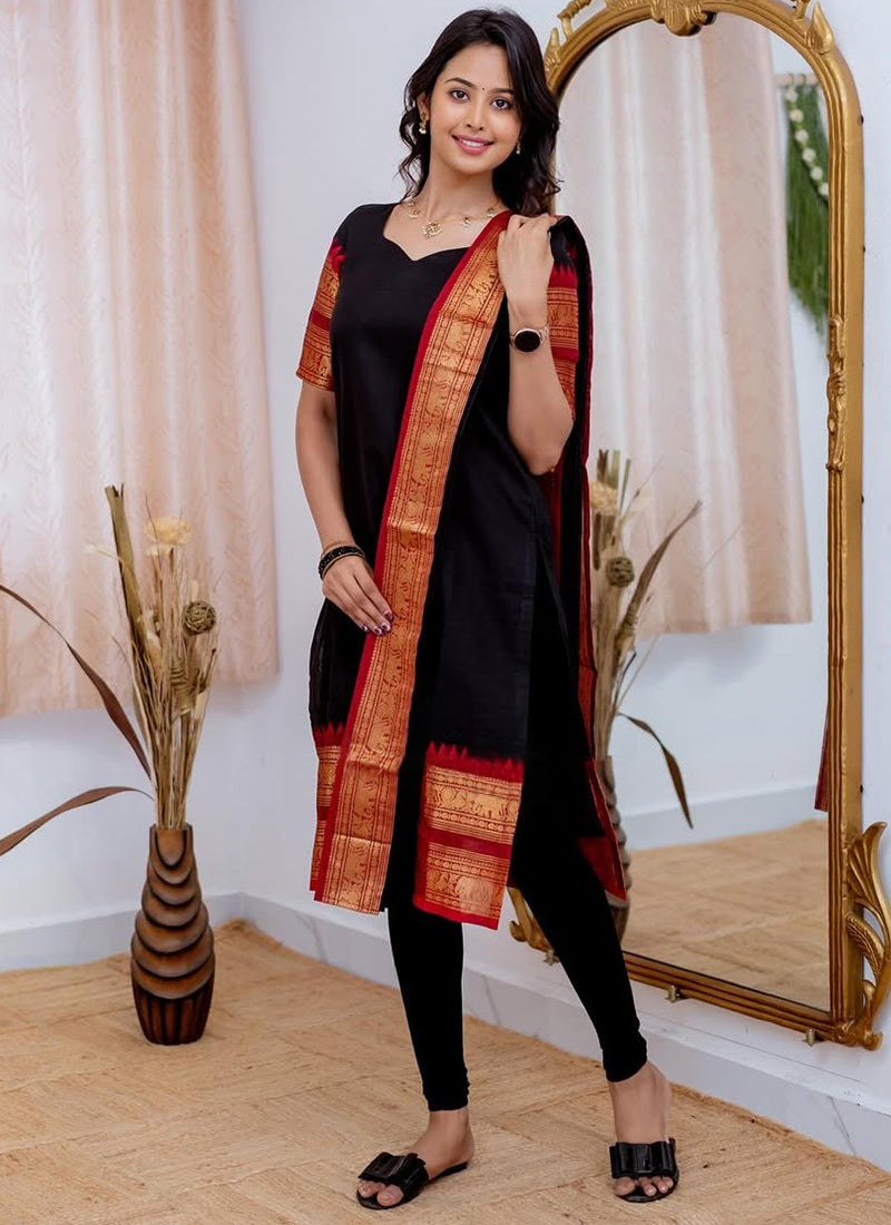 Kanchi Cotton Black Weaving Casual Kurta And Dupatta