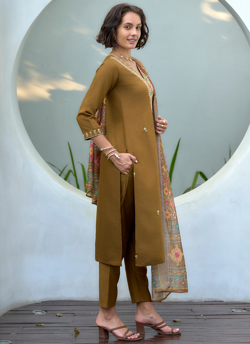 Khaki Yellow Vatican Embroidered Kurta Set With Dupatta