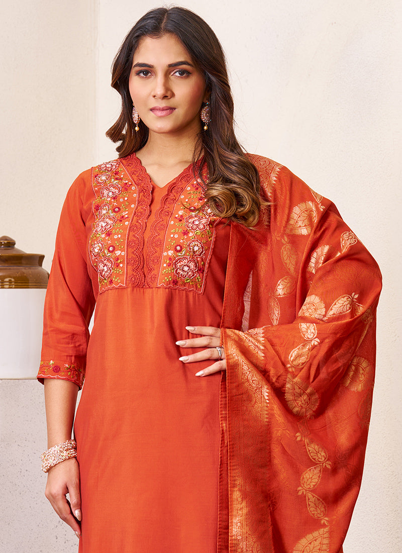 Rust Roman Silk Embroidered Festive Kurta Set