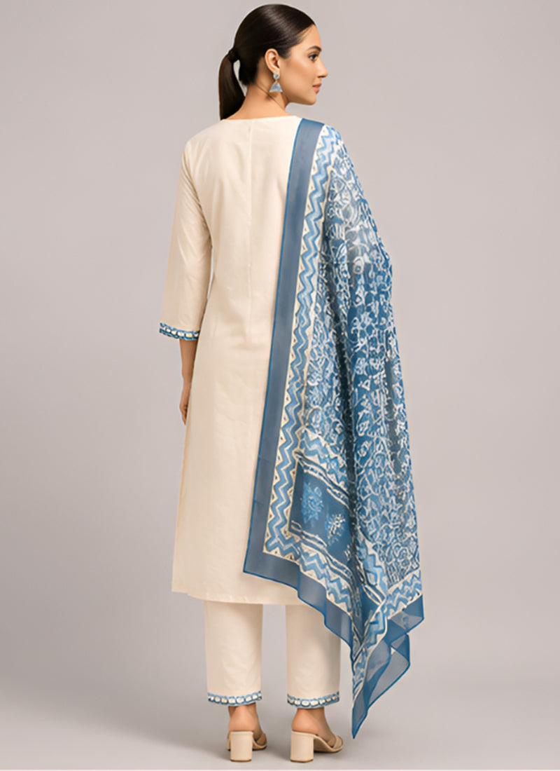 White Rayon Slub Embroidered Festive Kurta Set