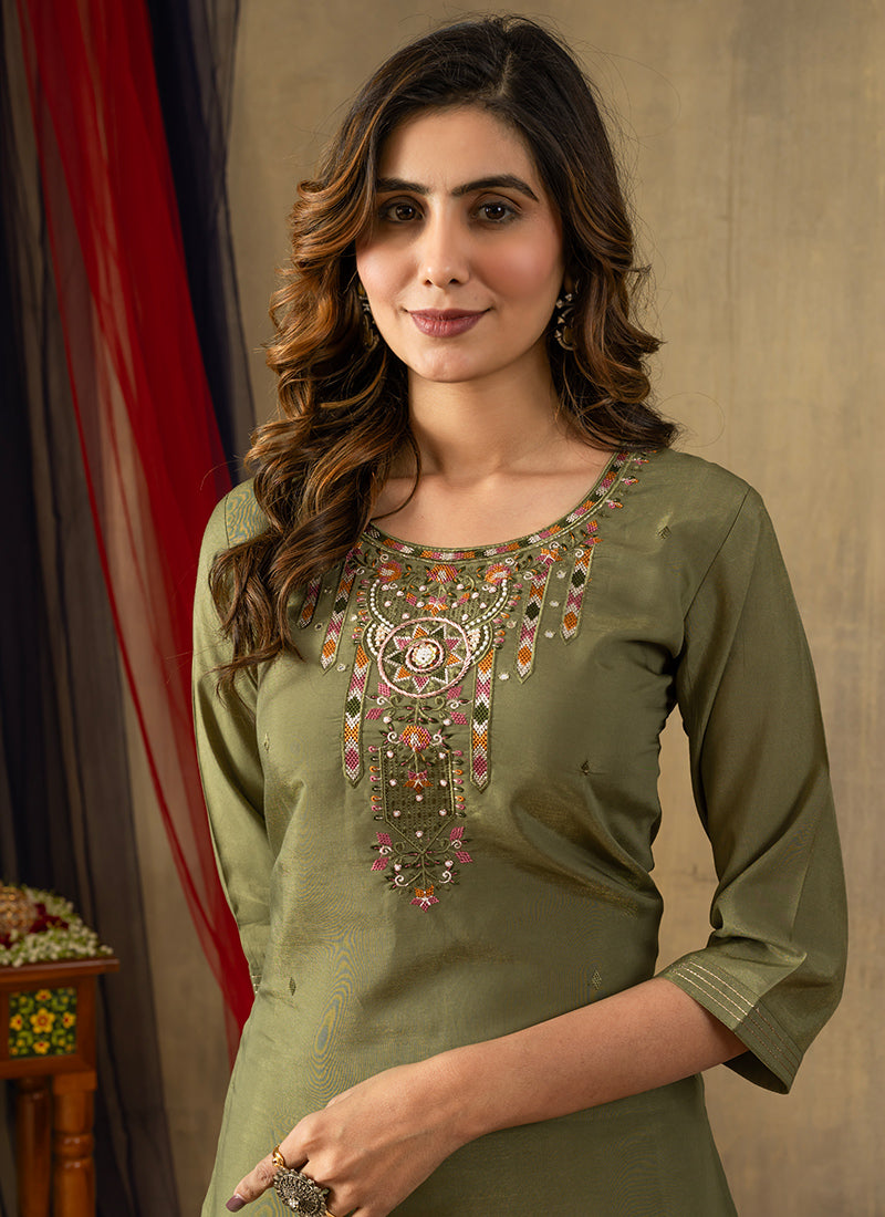 Green Shimmer Silk Embroidered Kurta Set For Festive