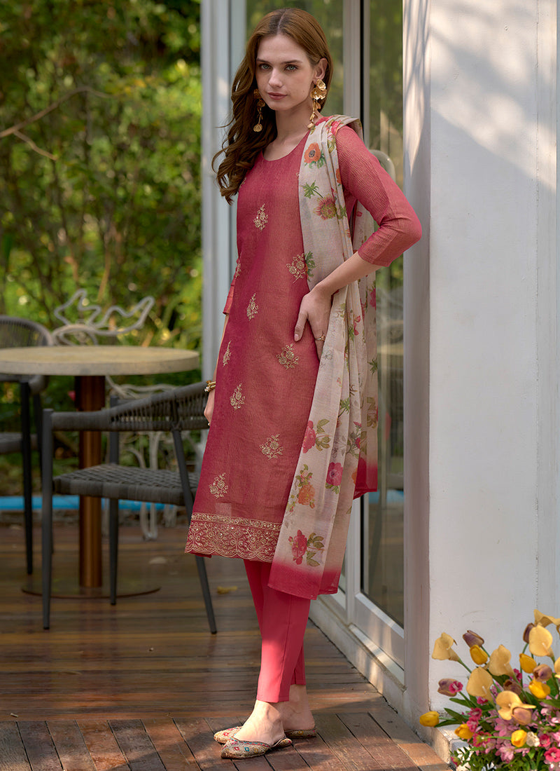 Red Tissue Kurta With Trouser And Dupatta