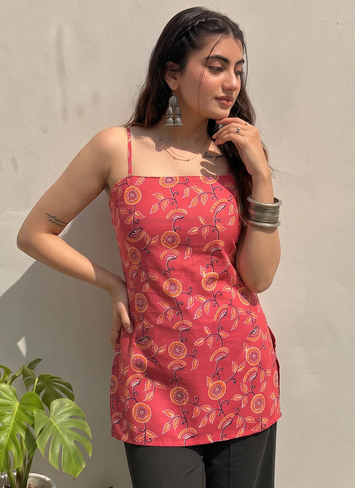 Red Floral Printed Cotton Outwear Kurti