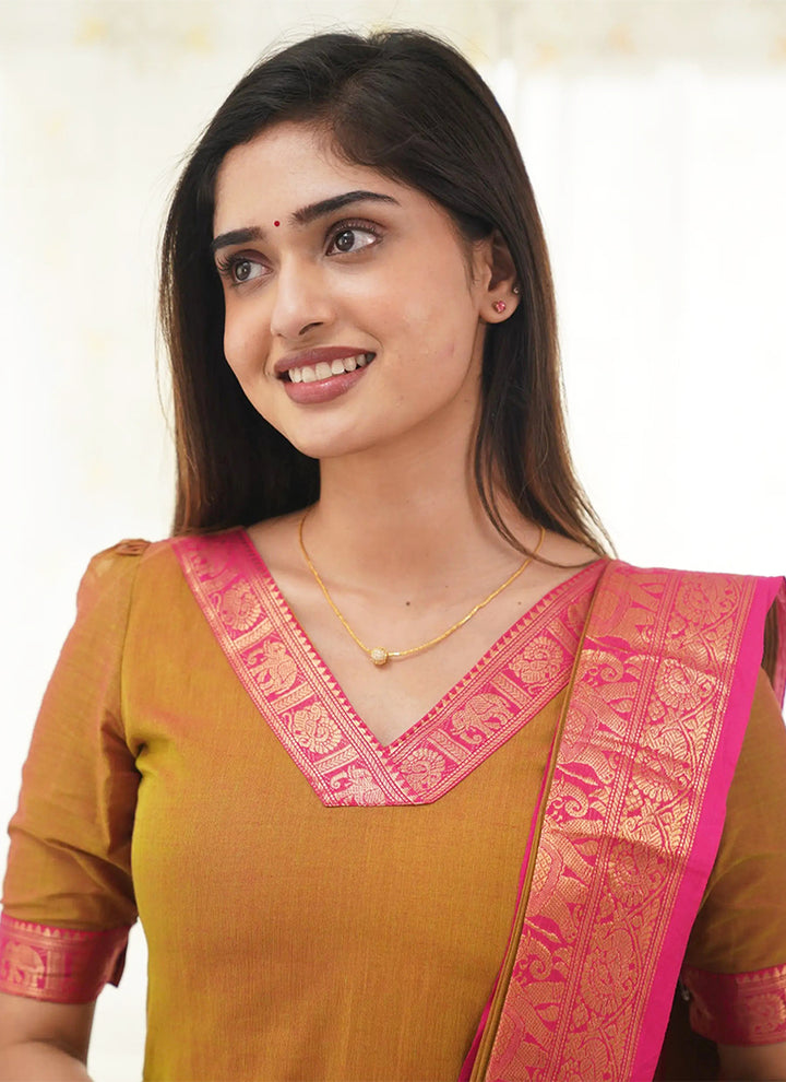 Mustard Kanchi Cotton Woven V-Neck Casual Kurta And Dupatta