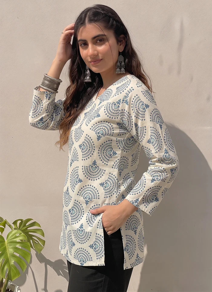 Off White Cotton Printed Office Wear Kurti