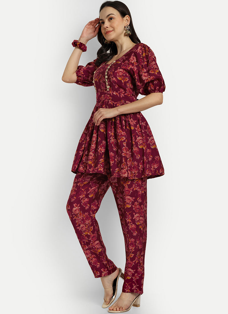 Maroon Lace Work Peplum Casual Cord Set