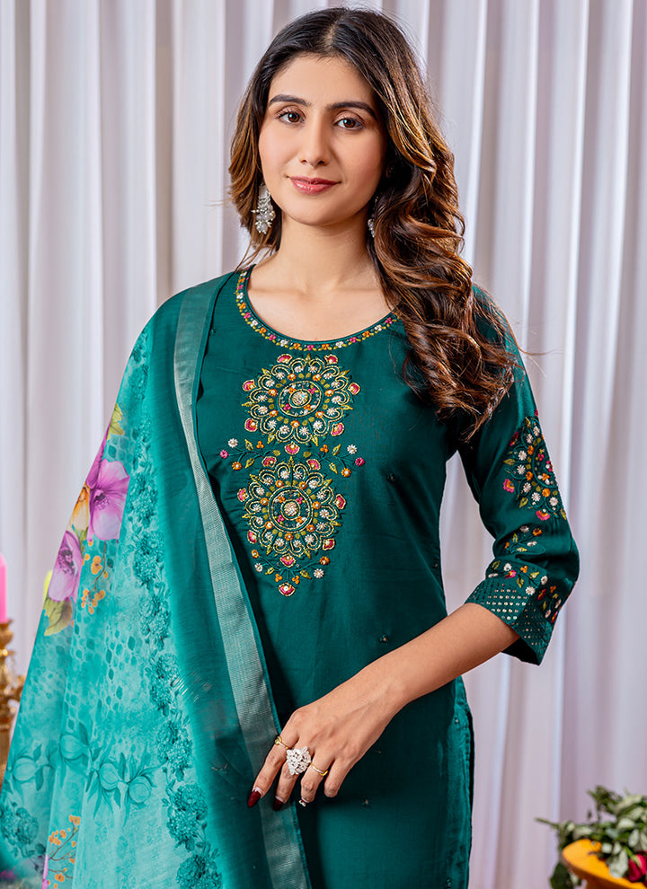 Green Viscose Silk Thread Work Festive Kurta Set
