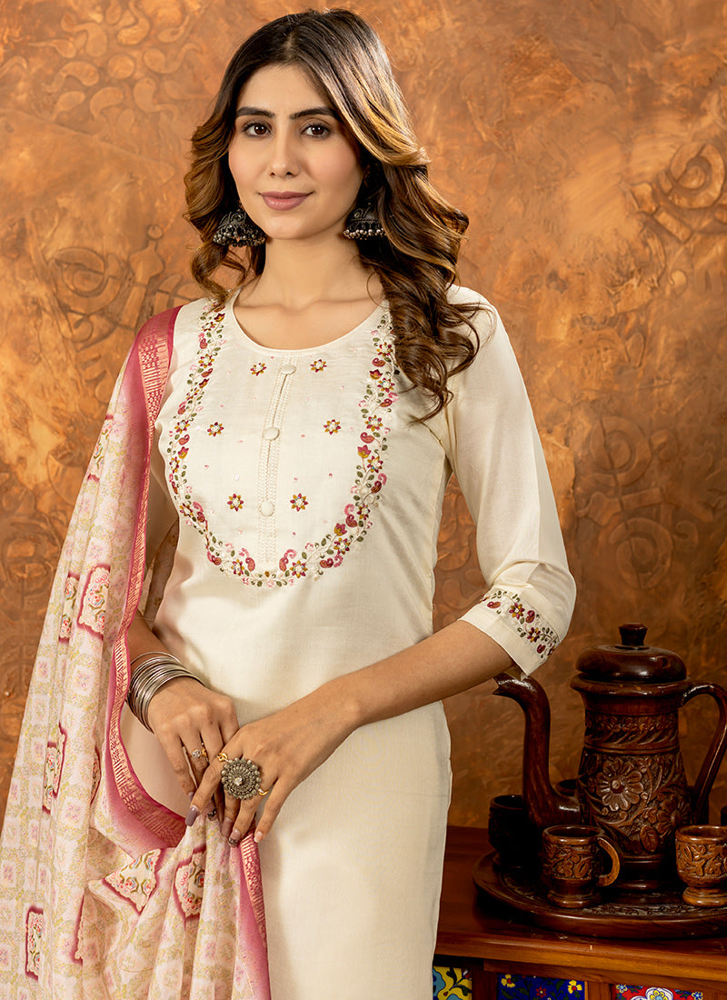 Off White Embroidered Marina Silk Ceremonial Kurta Set