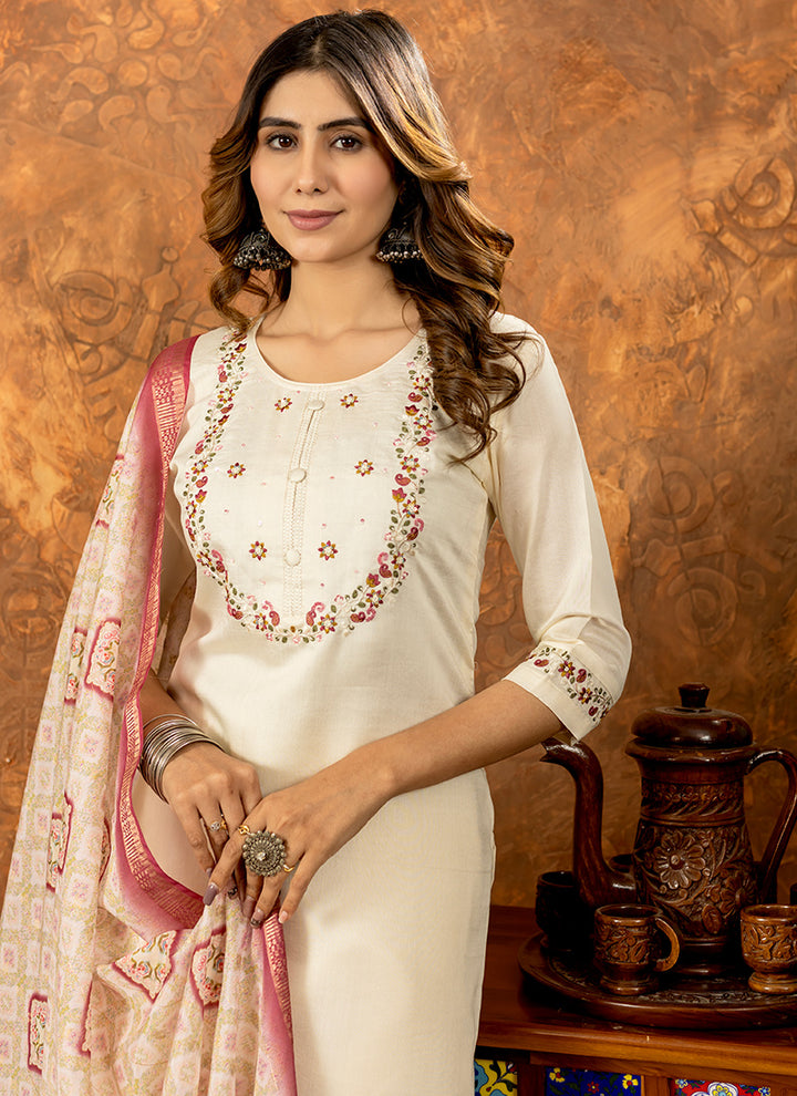 Off White Embroidered Marina Silk Ceremonial Kurta Set