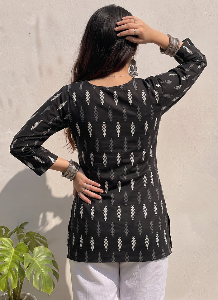 Black Cotton Printed V Neck Office Wear Kurti