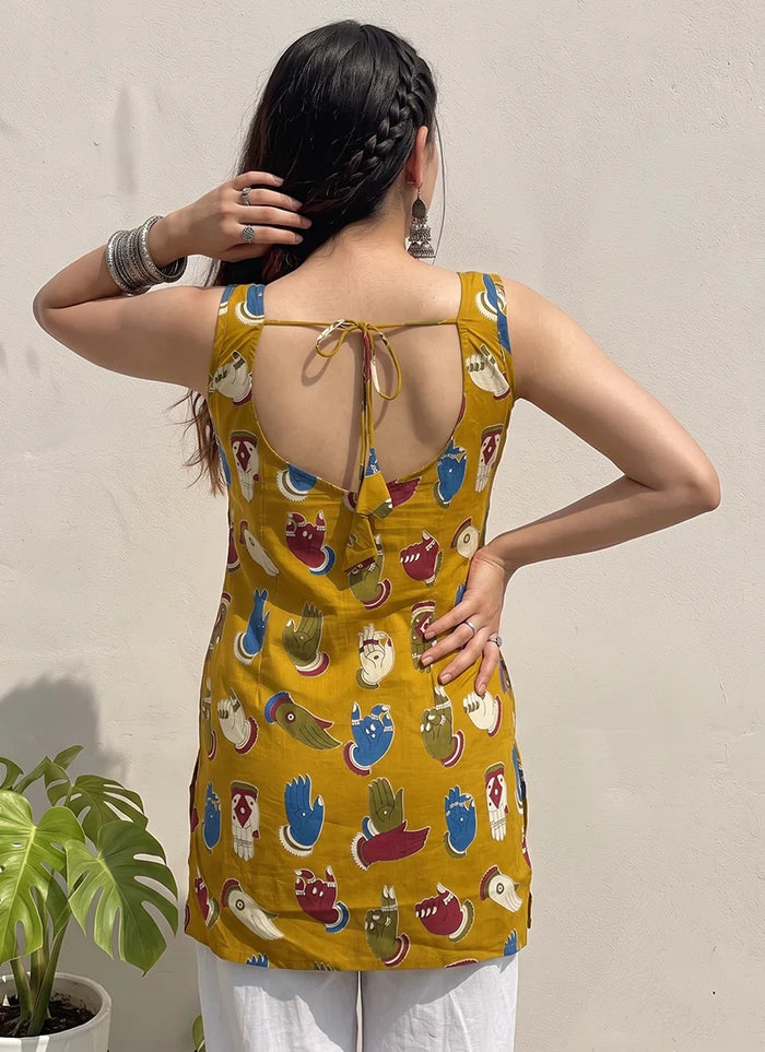 Mustard Cotton Printed Straight-Cut Kurti