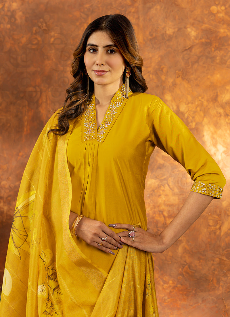 Mustard Yellow Roman Silk Embroidered Kurta Set For Haldi
