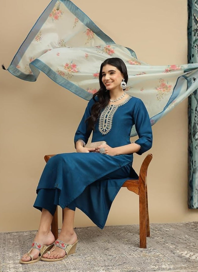 Teal Blue Rayon Embroidered Straight Kurta Set