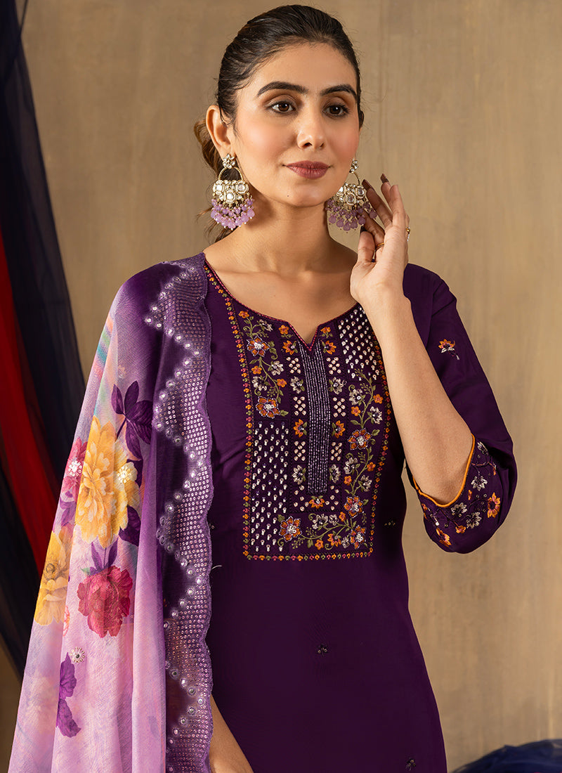 Purple Roman Silk Thread Work Salwar Set For Ceremonial