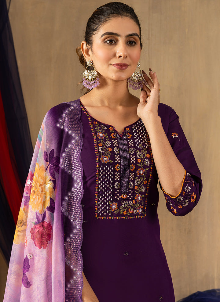 Purple Roman Silk Thread Work Salwar Set For Ceremonial