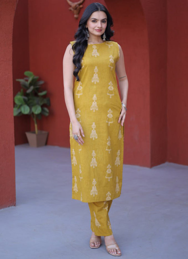 Yellow Cotton Folk Art Printed Outwear Kurti And Pant