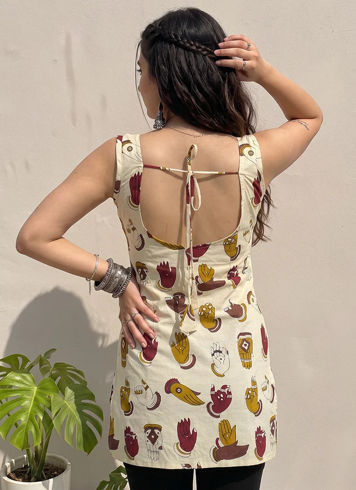 Cream Cotton Sleeveless Outwear Kurti