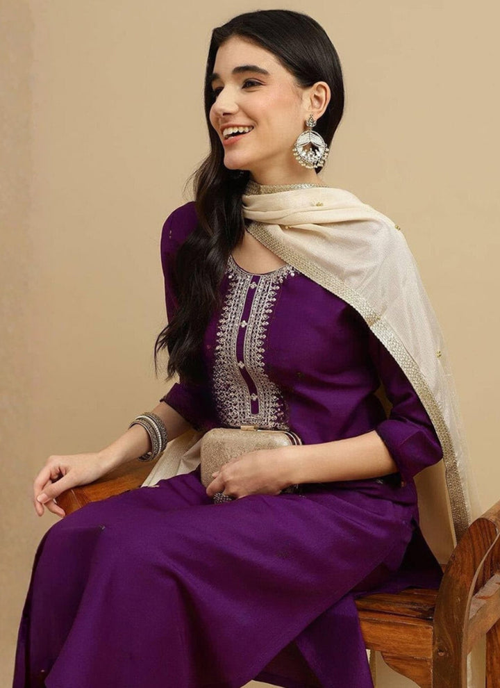 Purple Rayon Embroidered Straight Kurta Set