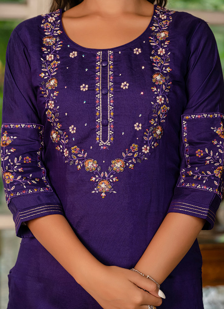 Violet Embroidered Marina Silk Festive Kurta Set