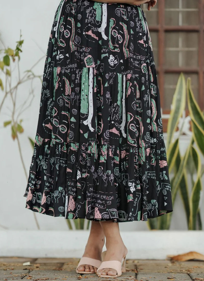Black And Peach Rayon Printed Dungaree Dress