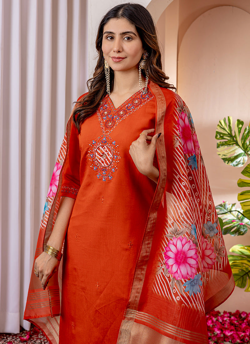 Orange V-Neck Viscose Silk Embroidered Salwar Suit